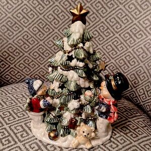 GLOWING TREE Tealight Holder Christmas Tree w/ Snowmen Iridescent Glaze 9½" x 7"